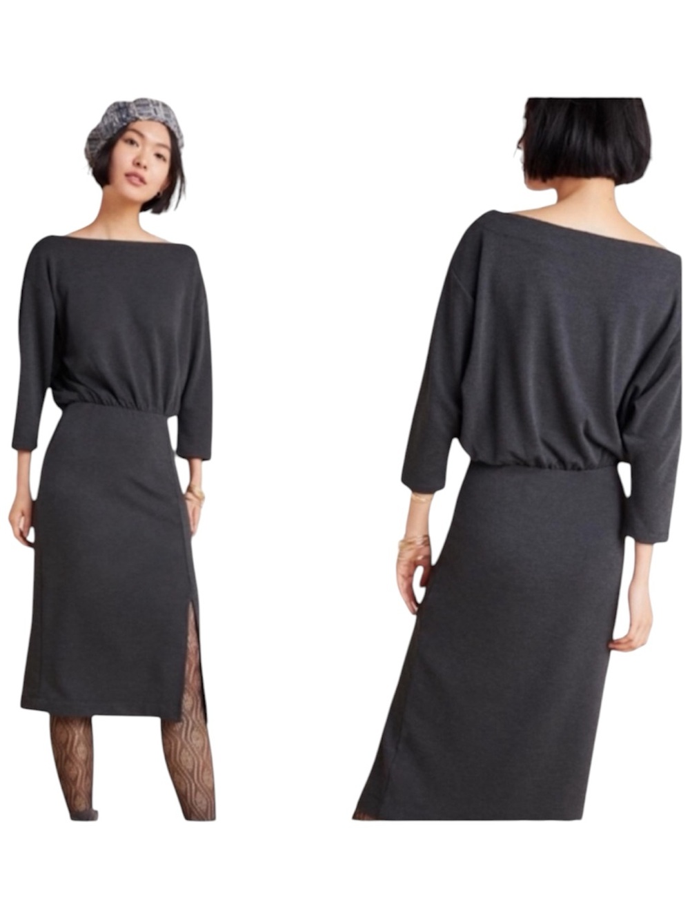 Charcoal Boatneck Blouson Midi Dress